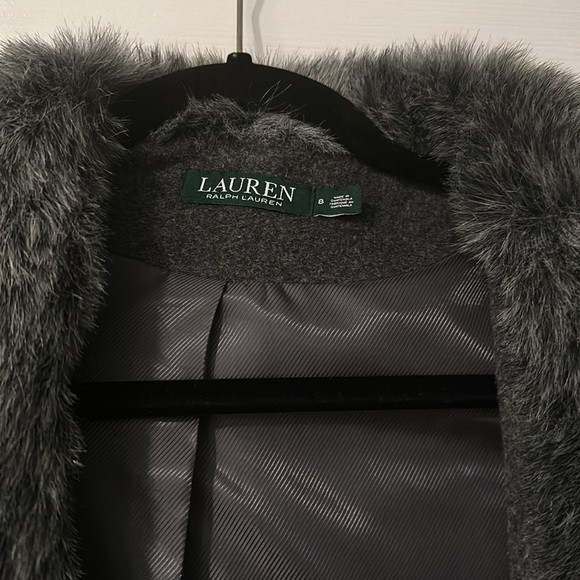 RALPH LAUREN Faux-Fur-Shawl Collar Coat Cashmere Blend silk lined Grey 8 - Picture 3 of 7